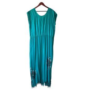 Vintage 70s/80s silk teal hand painted floral midi‎ dress with beaded hem large